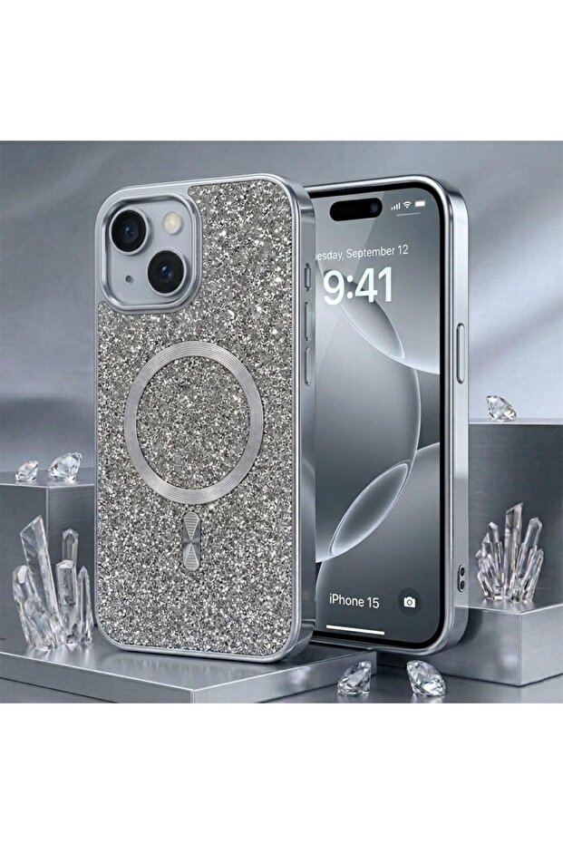 Glitter Case for iPhone 15, Magnetic Rhinestone Diamond Protective Cover, Camera Protection, Slim Shockproof Case