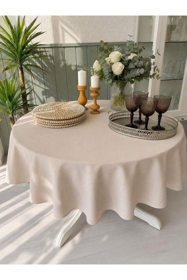 Royal Linen Textured Beige Round Tablecloth