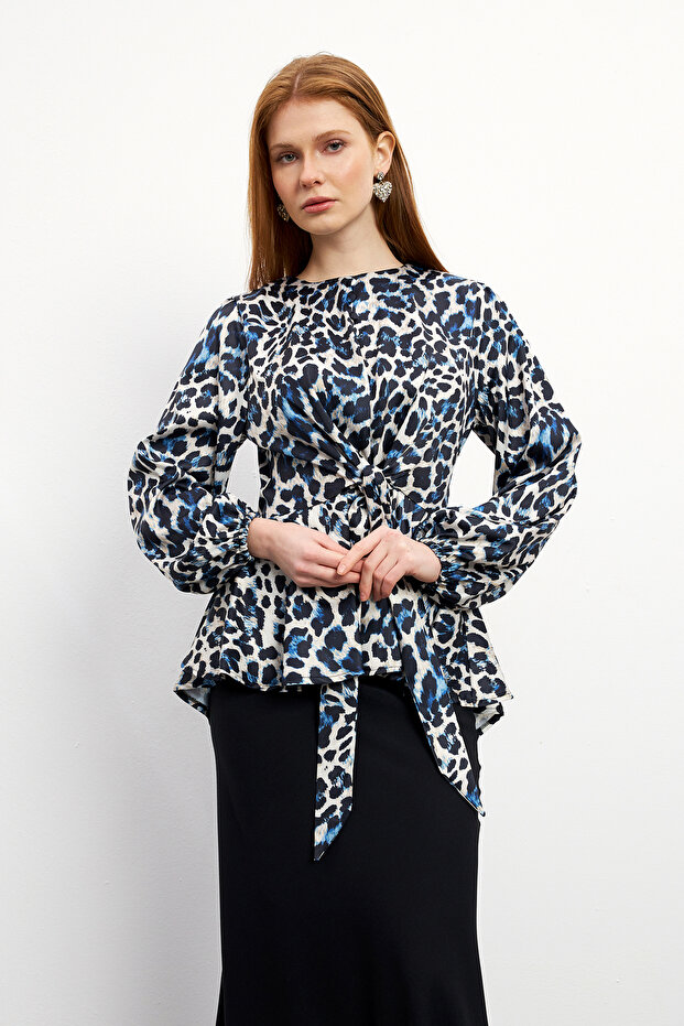 Leopard Patterned Blouse Skirt Set - Indigo - 4