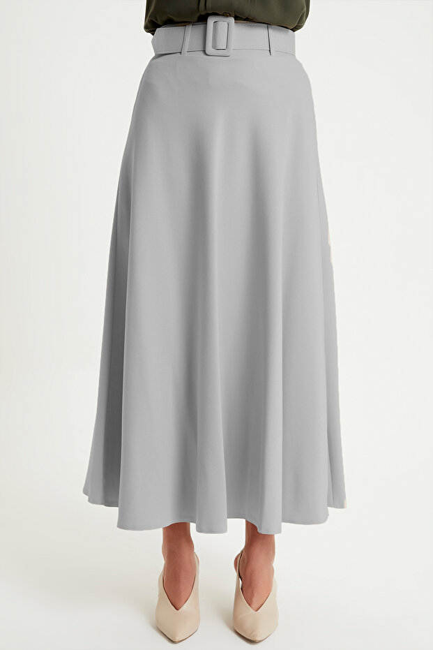 Belted Flared Skirt - Gray