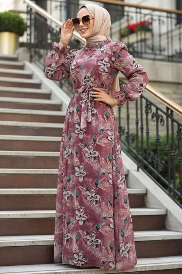 Floral Patterned Dusty Rose Hijab Dress 29710Gk