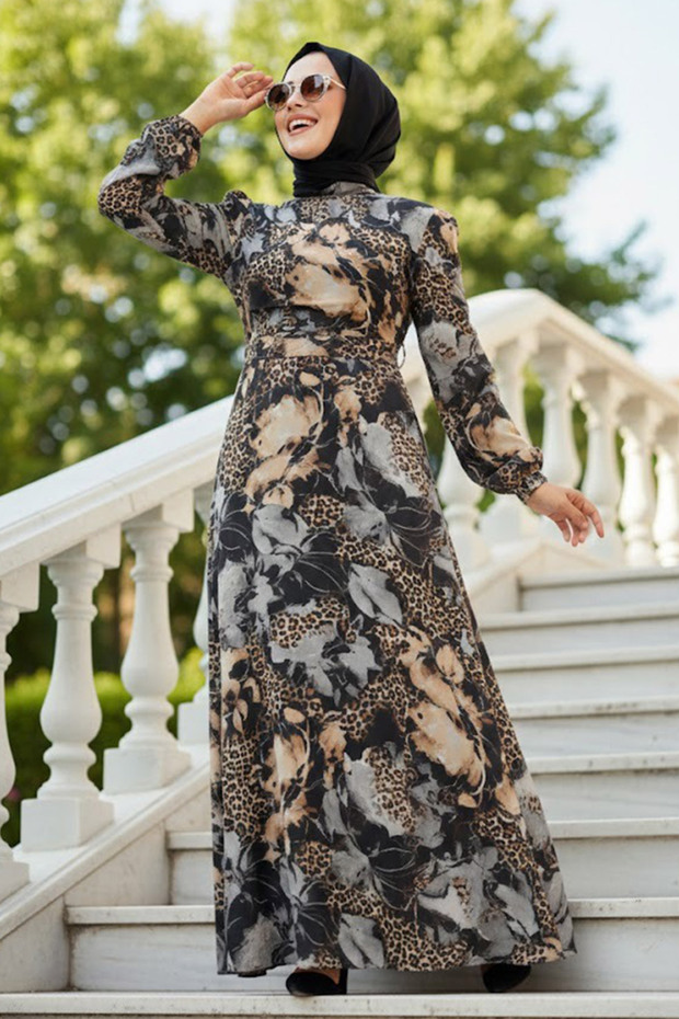 Floral Patterned Gray Hijab Dress 279312Gr