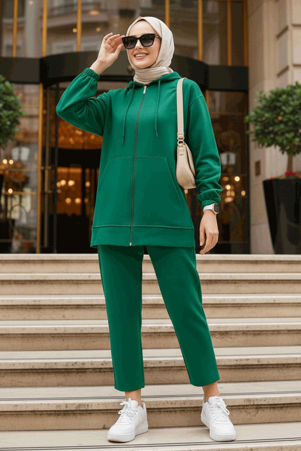 Zippered Green Hijab Double Set 10400Y