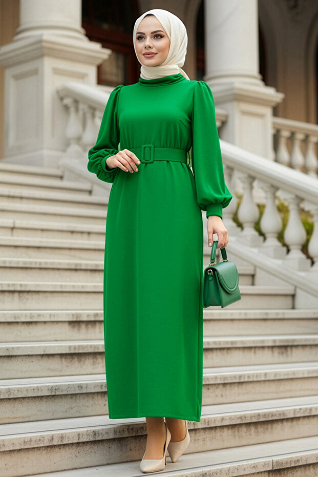 High Neck Green Hijab Dress 17861Y