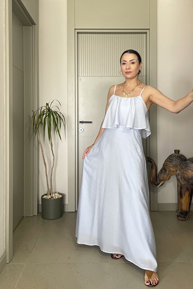 Flounced Top Adjustable Thin Strap Lined Long Dress