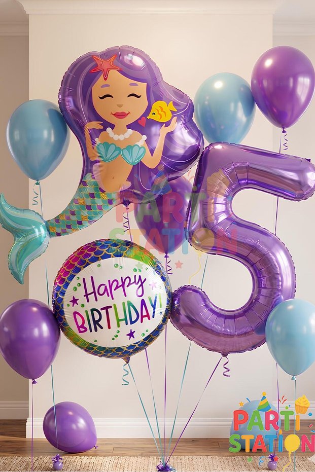 Mermaid 5th Birthday Balloon Set: Mermaid Theme Balloons and Purple Number Balloons