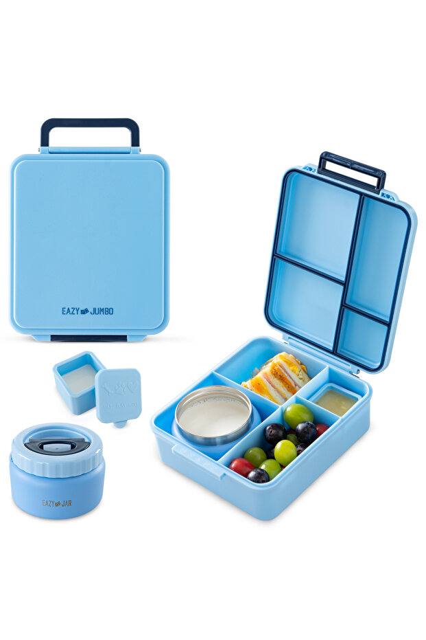 Jumbo Bento Lunch Box w/Thermos & Dip Jar- Blue