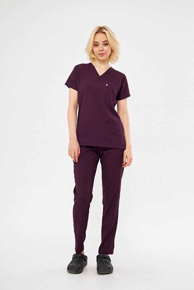 Dark Plum High Cotton Stretch Fabric Batwing Sleeve Doctor Nurse Scrubs Surgical Set