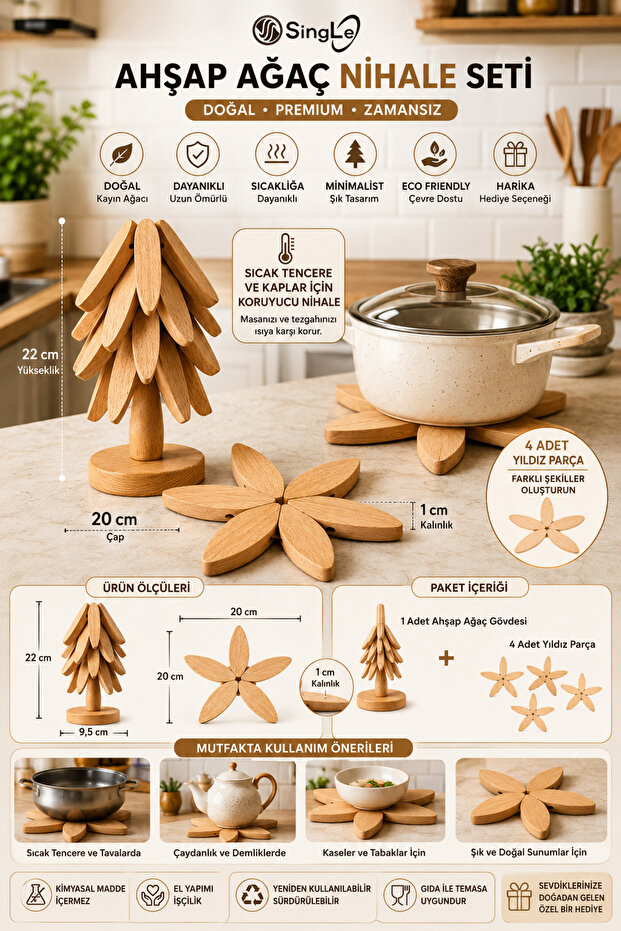 Set of 4 Bamboo Tree Trivets with Stand Heat Resistant Cup and Pot Bottom Folding Trivets