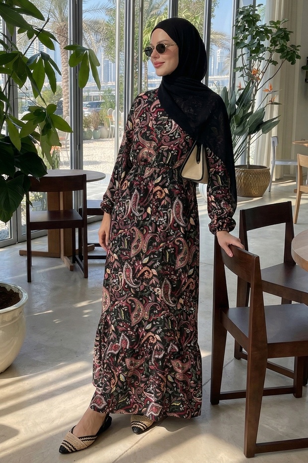 Shawl Pattern Woven Hijab Dress - Black