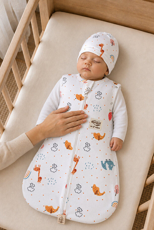 100% Cotton Patterned Unisex Baby Sleeping Bag Swaddle 0-6 Months Zippered Snap Sleeves Seasonal Hat Newborn