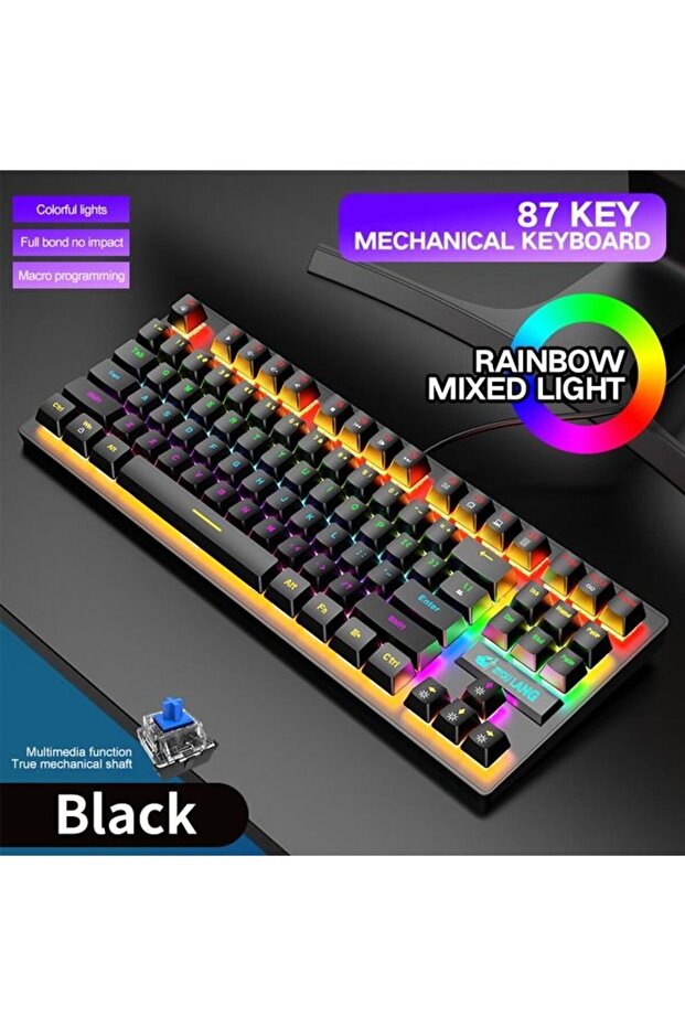 87-Key Mechanical Gaming Keyboard,Black Punk Style,Waterproof,Ergonomic,6 Adjustable Light Modes