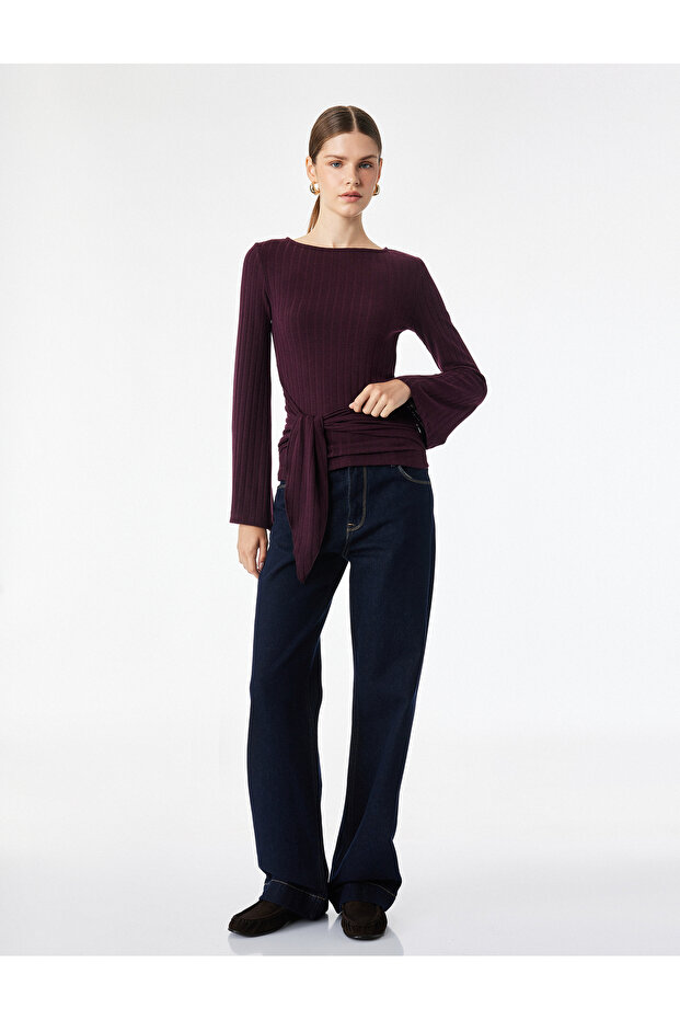 Slim Fit Crew Neck Long Sleeve Blouse with Tie Detail