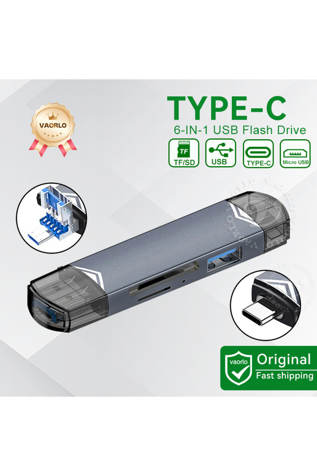 قارئ بطاقات متعدد الوظائف 6 في 1 OTG USB 3.0 رمادي اللون، يدعم أقراص USB من النوع C/USB/TF/SD، وبطاقات الذاكرة.