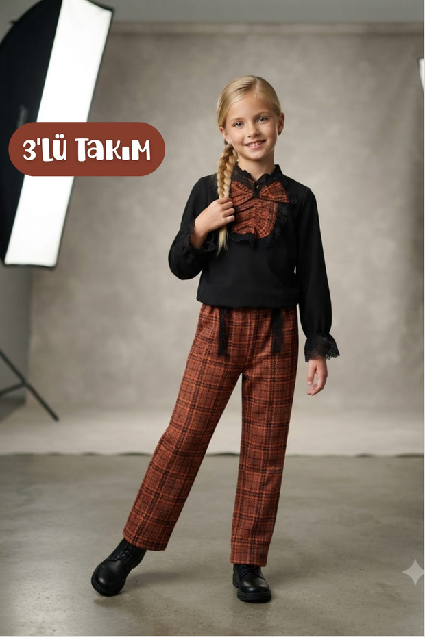 Girl's Piece Detailed Black Blouse Plaid Patterned Trousers Buckle 3-Piece Set