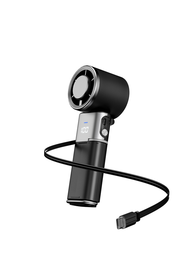 black Ultra Portable Cooling Fan With Built-in Extension Cable And Large Capacity Battery, Charge Po