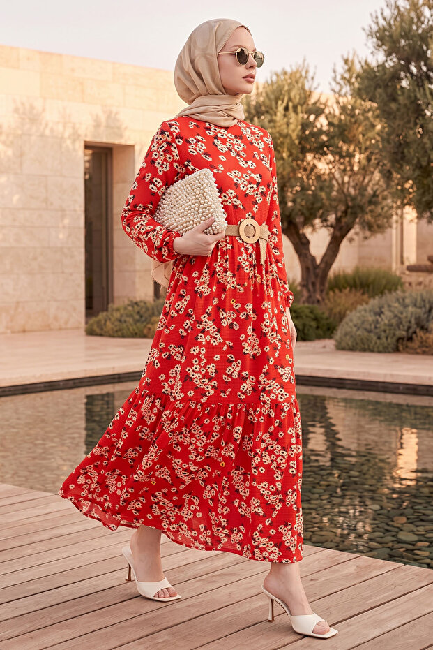 Lesa Floral Straw Belt Dress - Claret Red