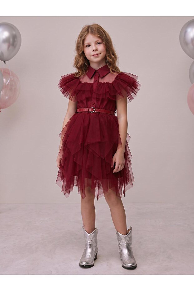 Beli Belted Tulle Dress for 6-12 Years - Red
