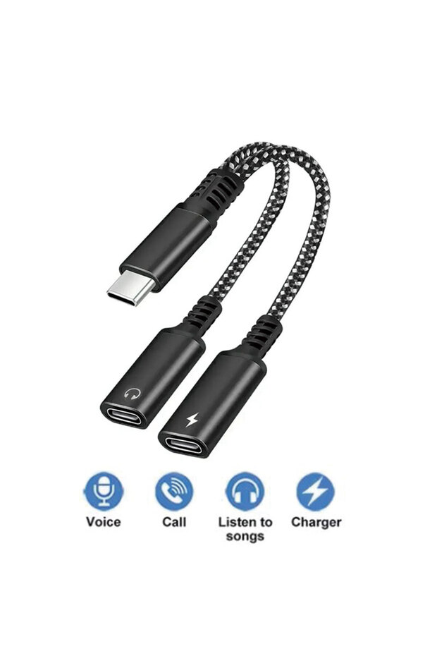 Black 2-IN-1 Audio/Charger Splitter Adapter USB C to Dual TypeC Ports Headphone Jack Audio Adapte fo