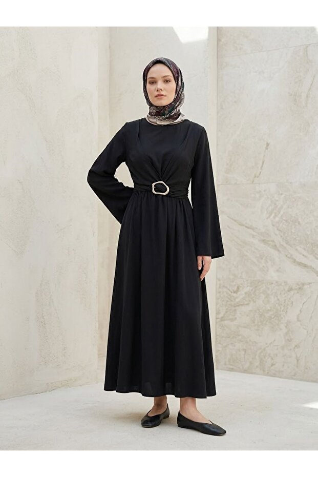 Front Tie Accessory Detail Dress-Black
