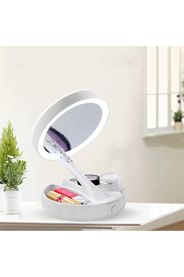 مرآة مكياج LED بيضاء تعمل بالبطارية الجافة/USB مزدوجة الطاقة، ذات وجهين مع تكبير 10 أضعاف، محمولة وقابلة للطي
