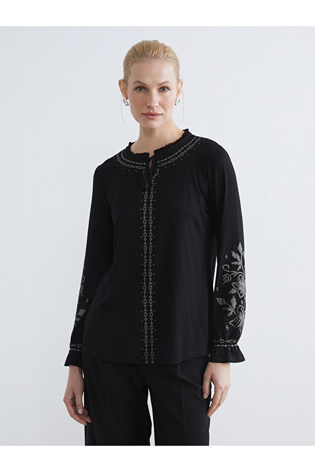 Original Tie-Neck Ruffled Patterned Blouse