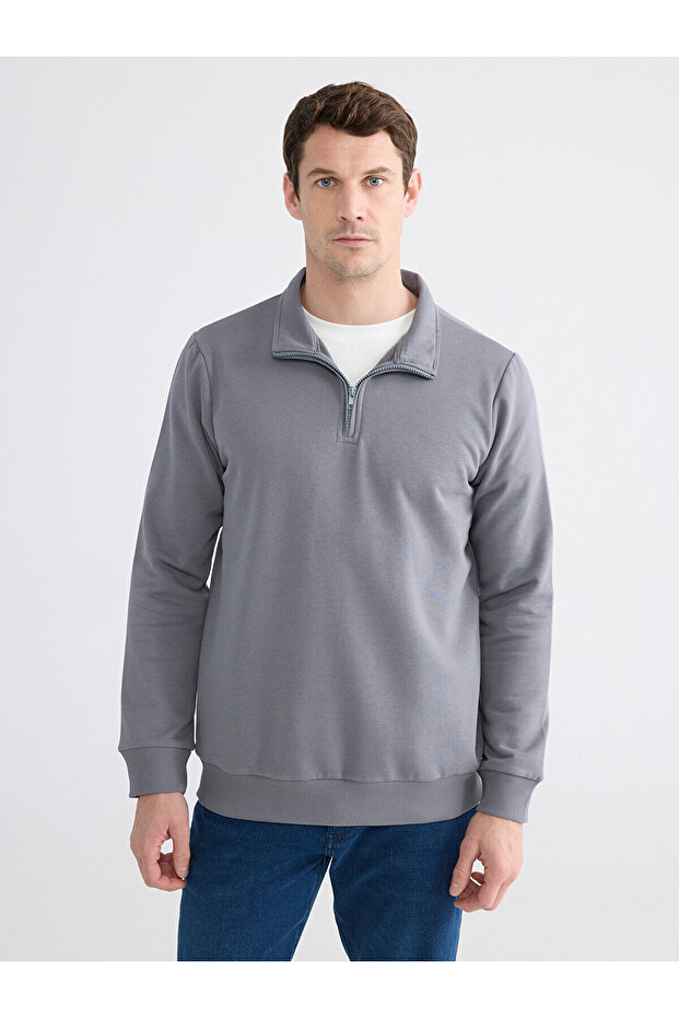 Lcwaikiki Classic Gray High Collar Long Sleeve Men's Thick Sweatshirt