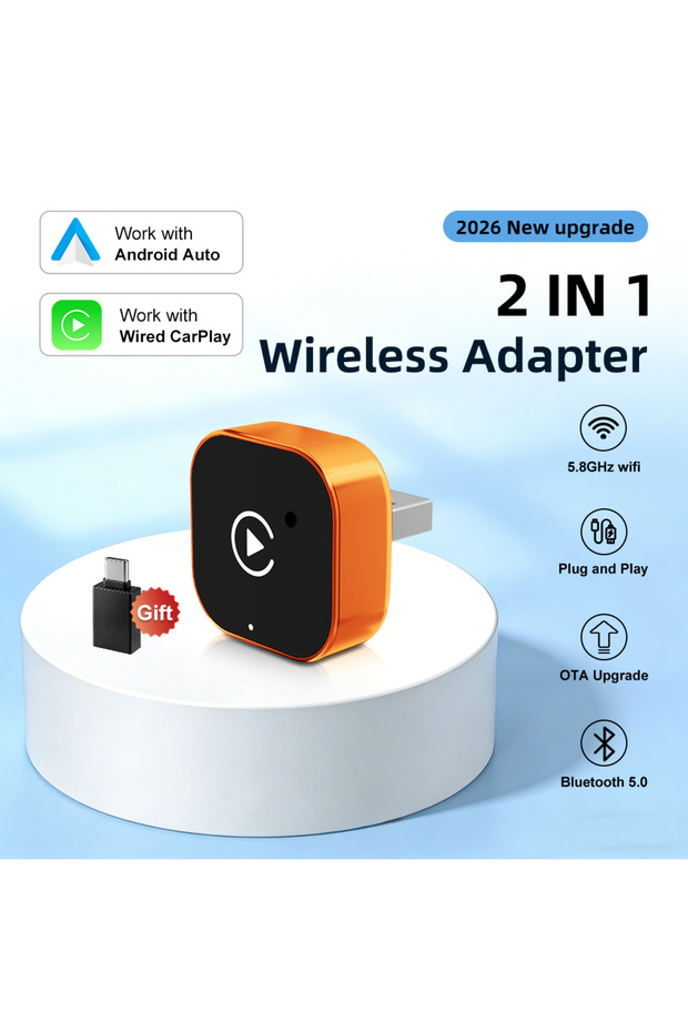 U10-2 Orange 2026 NEWEST Wireless CarPlay Adapter 2-in-1 Wired to Wireless Dongle for Apple & Androi