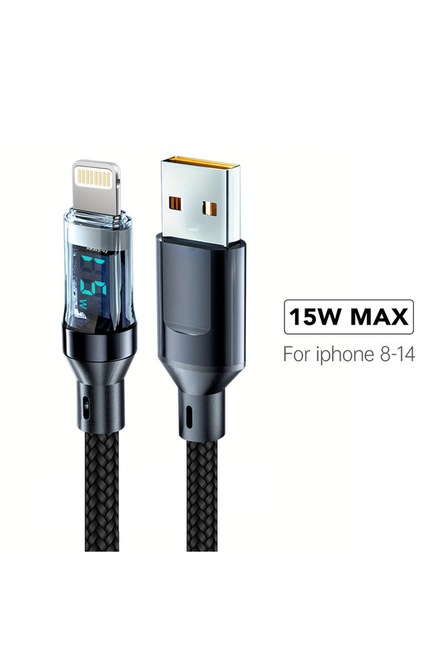 كابل شحن سريع USB-A إلى Lightning OOZCC بطول 2 متر (6.6 قدم/78.7 بوصة) بقدرة 27 واط كحد أقصى مع شاشة LCD وغلاف شفاف D