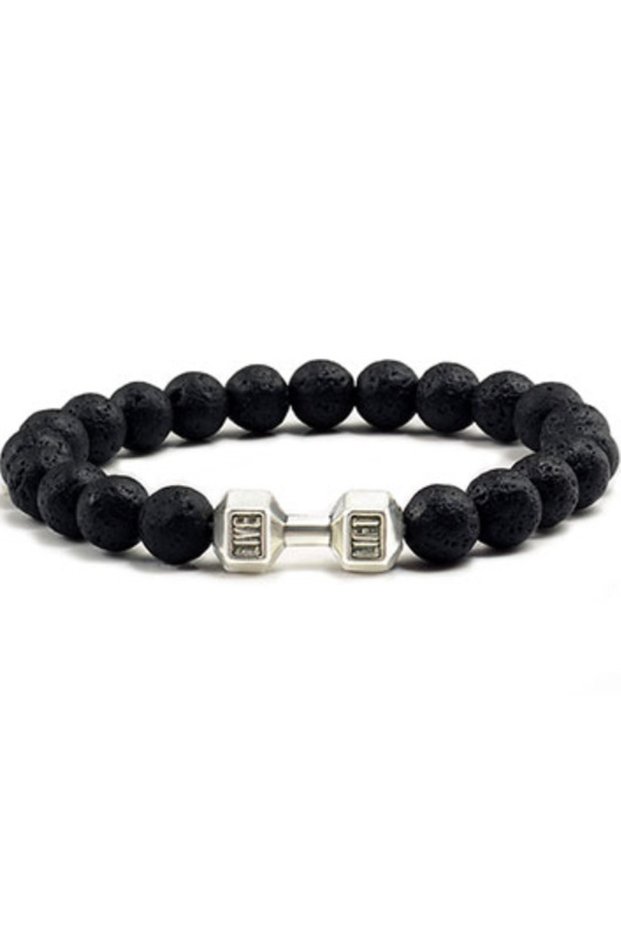 lava silver Natural Black Volcanic Lava Stone Dumbbell Bracelet Black Matte Beads Bracelets For Wome
