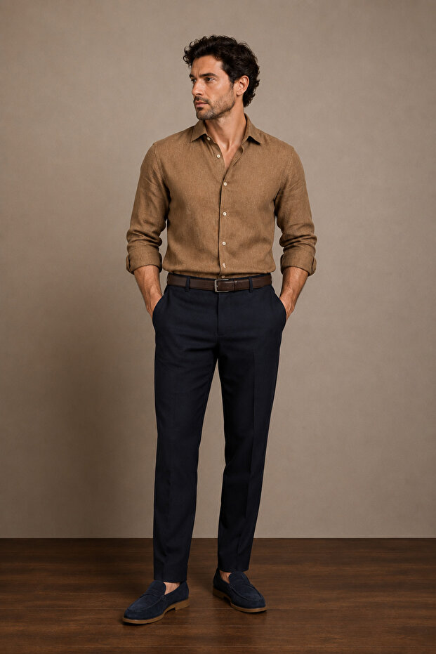 Men's Navy Blue Chino Trousers with Half Elastic Waist and Zipper