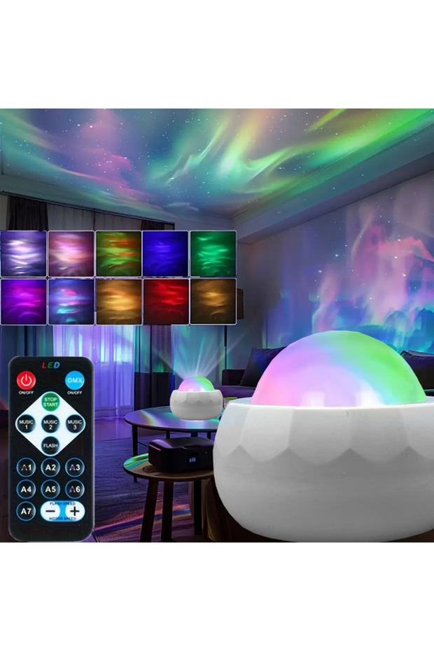 جهاز عرض الشفق القطبي LED يعمل بمنفذ USB، مزود بإضاءة ليلية LED RGB بسبعة أوضاع إضاءة، يدور 360 درجة، مع إضاءة سماء ليلية.