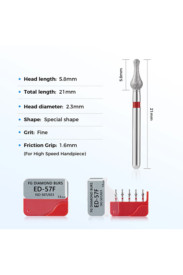 ED-57F 5Pcs Dental Diamond Burs 893/507-023 Medium Fine Extra Fine for High Speed Handpiece Crown Pr