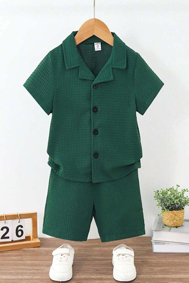 Baby Kids Cotton Shirt Detailed Waffle Summer 2-Piece Shorts Set - Khaki