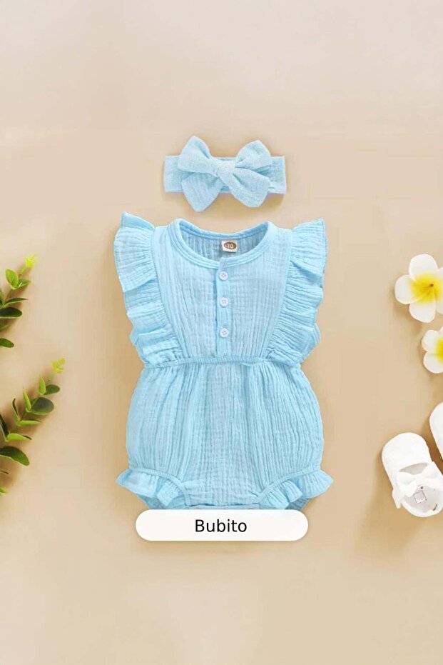 Baby Girl 100% Cotton Muslin Bandana Baby Romper - Blue