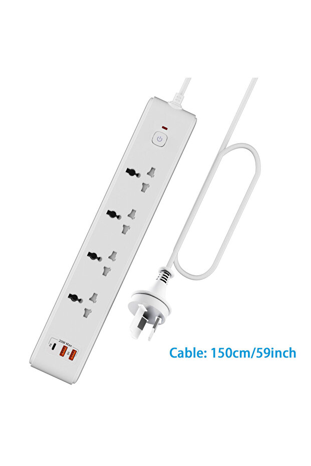 مقبس طاقة مثبت على الحائط بـ 4 منافذ مع منفذ USB واحد، أبيض اللون، مع شحن سريع USB PD بقوة 20 واط