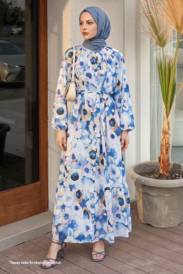 Floral Buttoned Satin Dress - Indigo