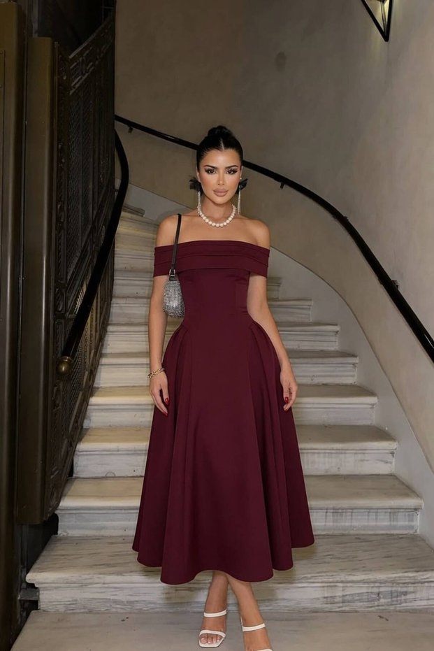 Burgundy Galadriel Madonna Collar Double Fabric Flared Midi Dress Tns-9003