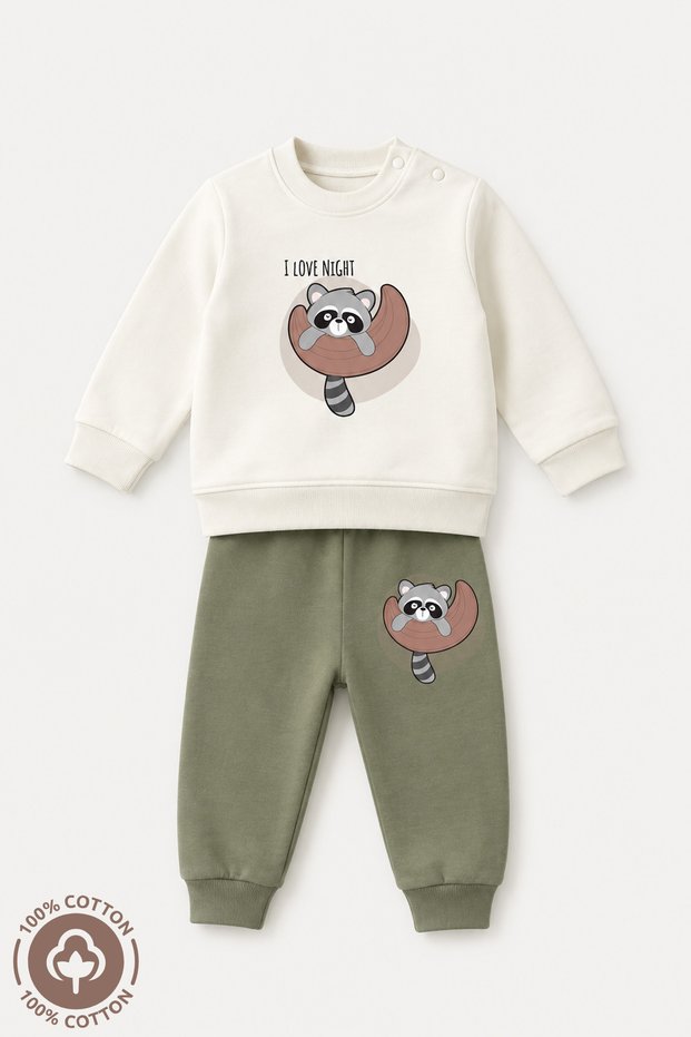 Unisex Baby Raccoon Printed 100% Cotton 6-9-12 Months Top and Bottom 2-Piece Baby Set
