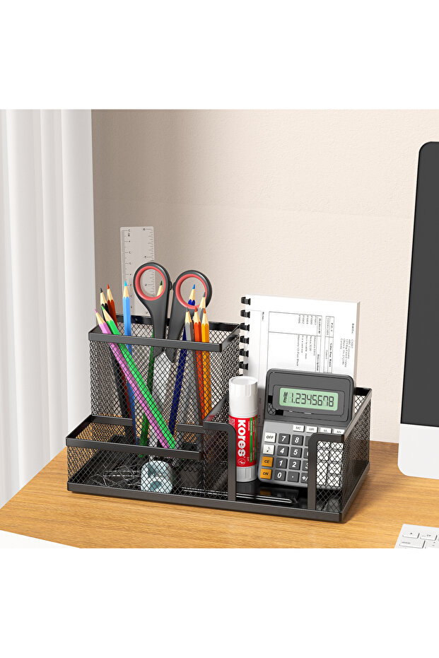Black-3 Mesh Pen Holder and Organizer Office Supplies with 7 Compartments, Desktop Organizer with Dr