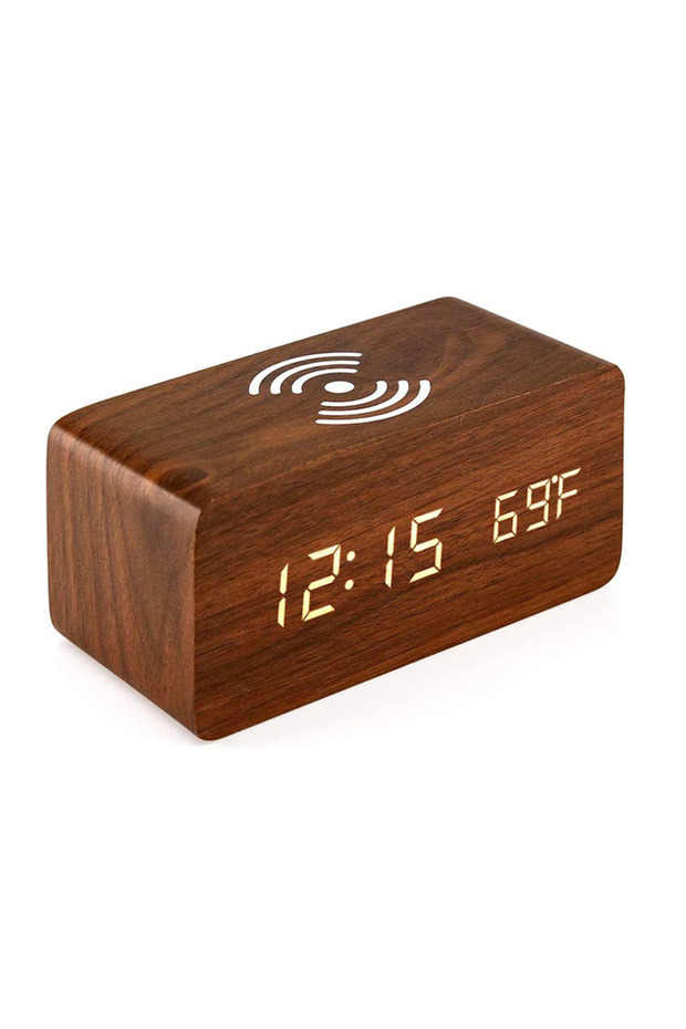 Brown-Charging Wooden Digital Alarm Clock with Phone charging LED Clock with Time Date Temperature,