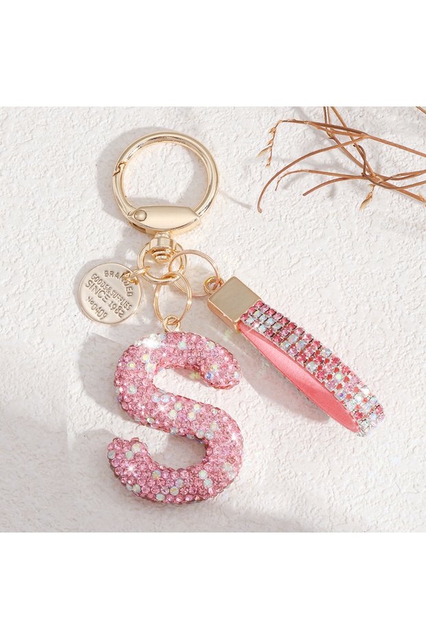 S Pink Initial Keychain A-Z Letter Key Chain Ladies Girl Shiny Cute Backpack Car Key Accessories Lan