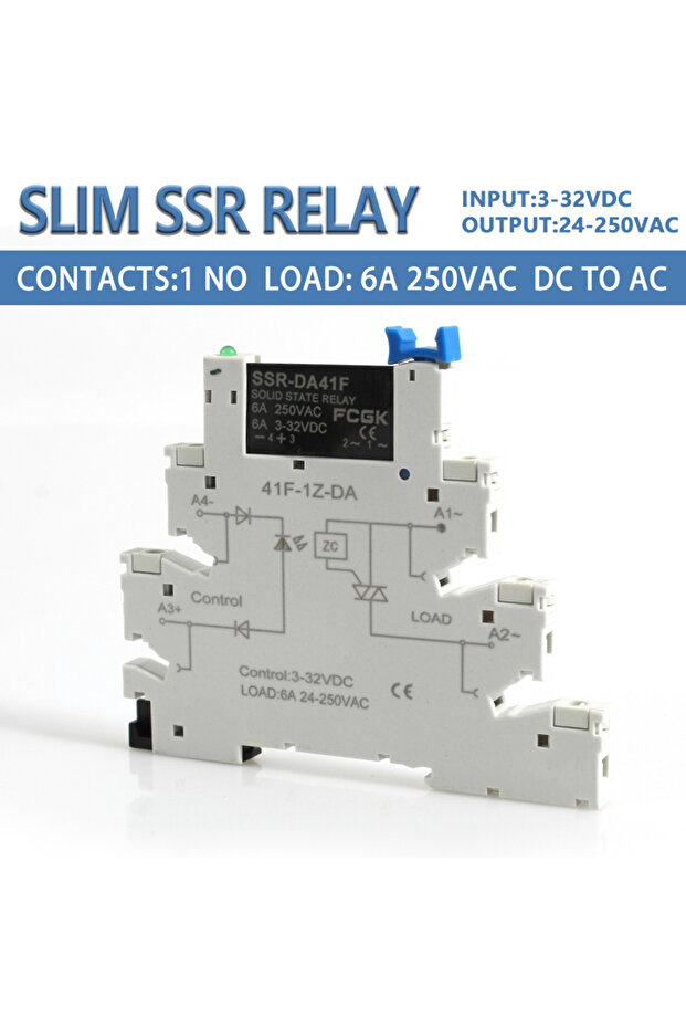 وحدة ريلاي الحالة الصلبة SSR DC-AC C2 FCGK للتحكم بالتيار المستمر في التيار المتردد 6 أمبير بواجهة نحيفة، وحدة ريلاي SSR نحيفة بواجهة DIN للتحكم بالتيار المستمر