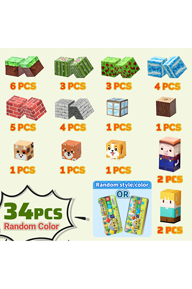 Animal 34pcs Magnetic Building Blocks Mine World Magnet Cubes Stacking Set for Boy Girl Kid Age 3+ D