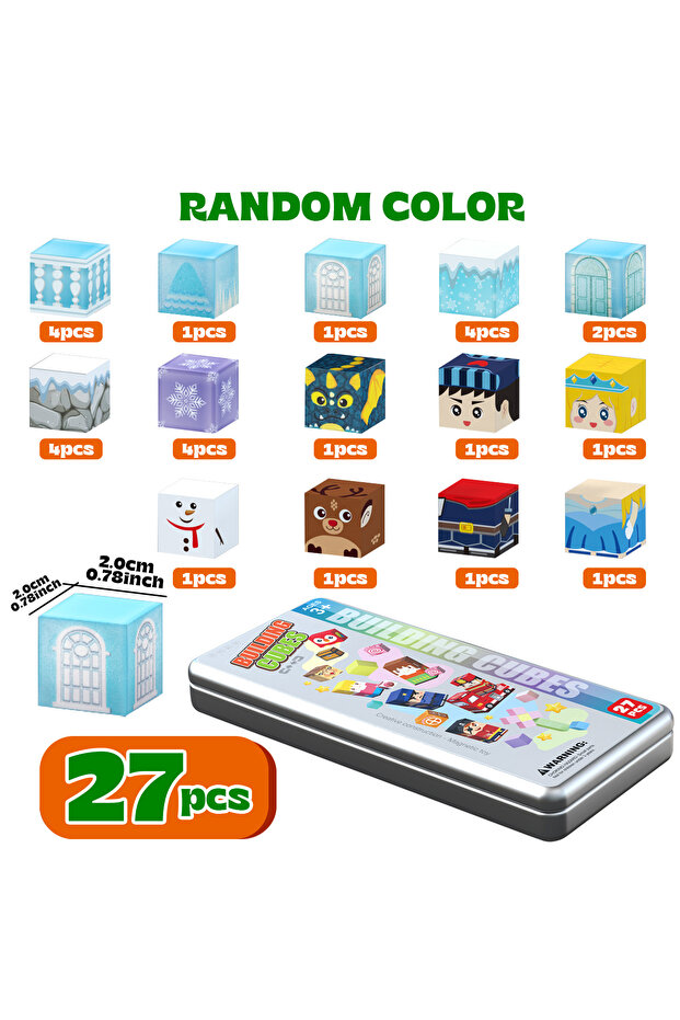 2cm-27pcs Children's Iron Box Magnetic Block Set, Ice and Snow Castle Stacking Magnet Toys, Free Bui