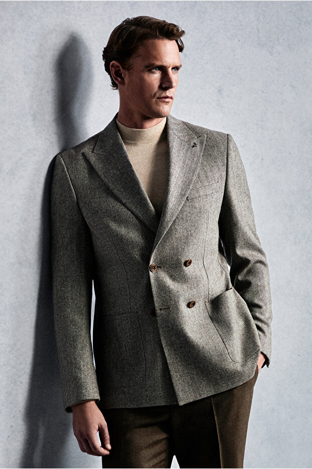 6 Drop Regular Fit Standard Cut Patterned Wool Double-Breasted Jacket