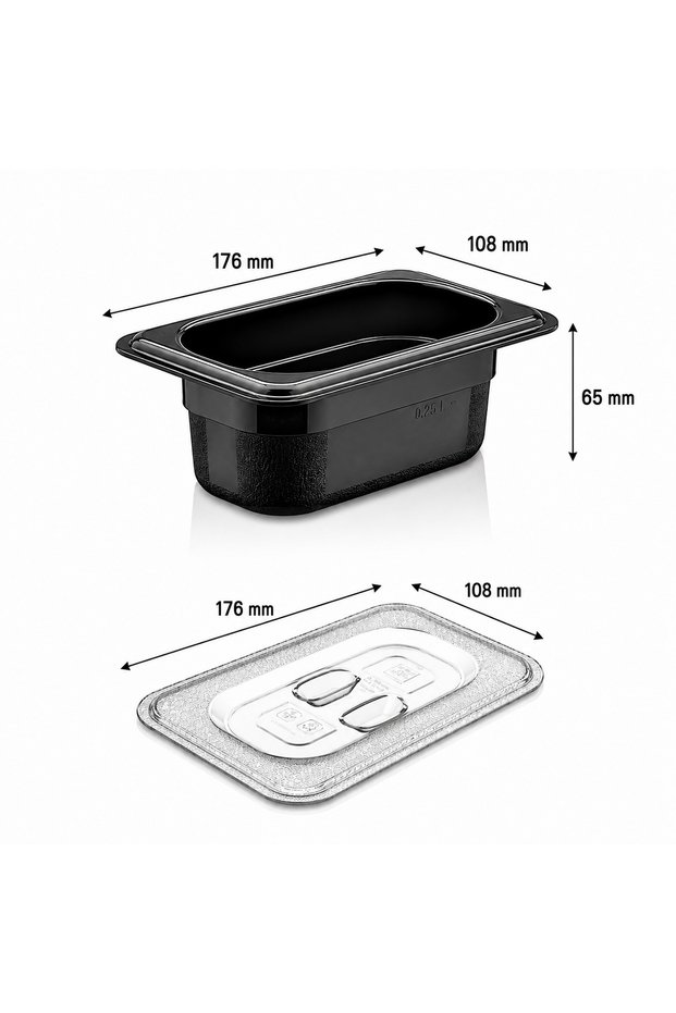 Gastroplast Black Polycarbonate Gastronorm Tub & Compatible Tub Lid Gn 1/9 176X108X65 mm 0.5 L - Unbreakable Food Storage Container