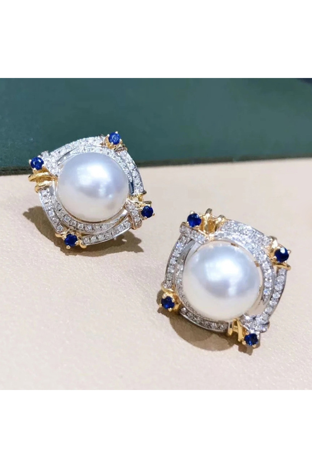 E4038 Huitan Gorgeous Women's Imitation Pearl Stud Earrings with Brilliant Blue/White CZ Novel Two T