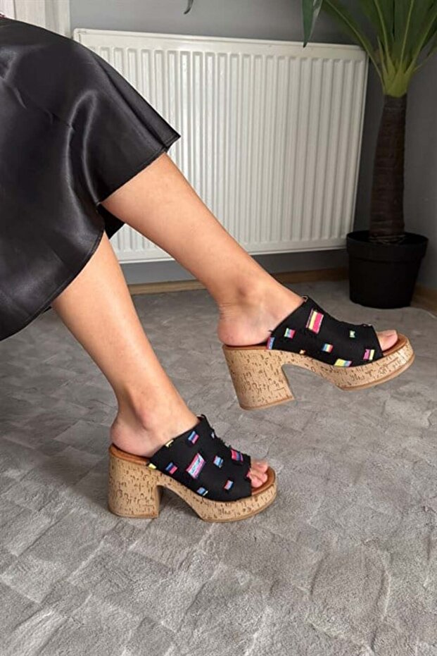 Women's Silva Black Denim Cork Sole Orthopedic Platform Heel Slippers