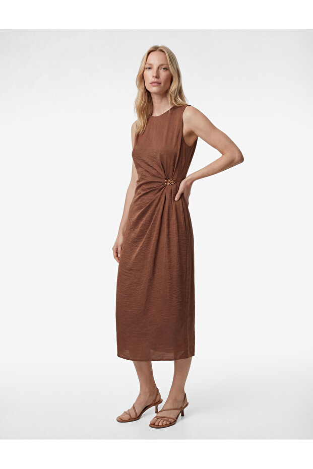 Sleeveless Crew Neck Midi Length Aerobin Satin Dress with Accessory Detail